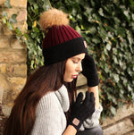 burgundy Cashmere real fur detachable pom pom beanie, Knit cashmere hat, Cozy and super soft women winter hat