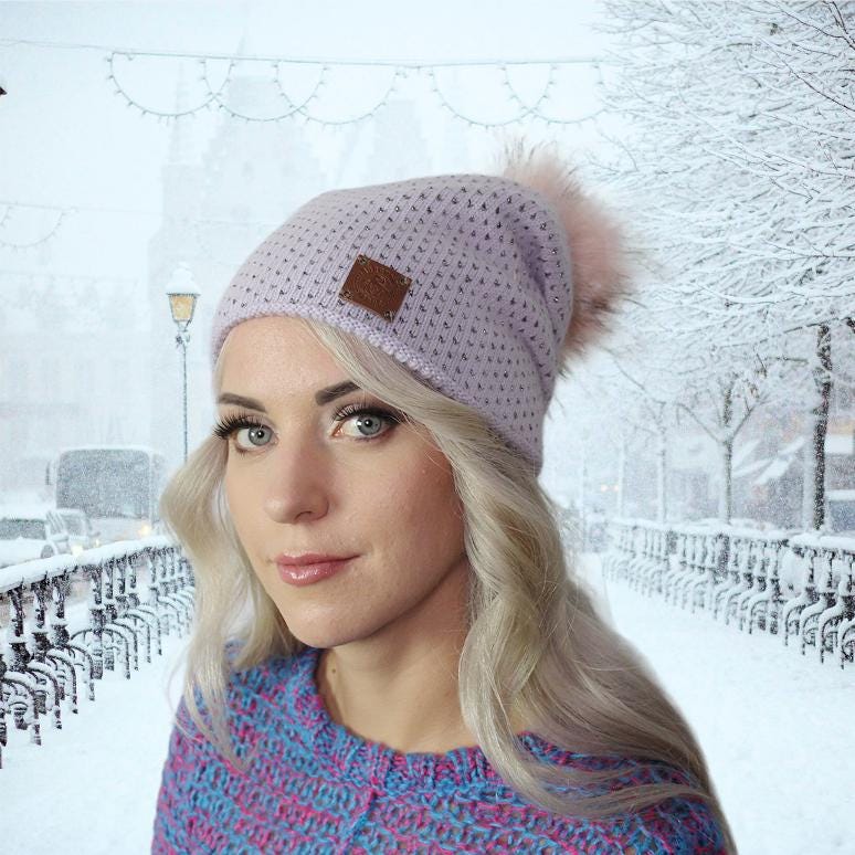 Women's Cashmere Beanie with Faux Fur Pom Pom | Cozy, Soft Knit Winter Hat | Perfect Gift for her