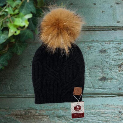 Cashmere fox fur pom pom hat, Women's winter thick cashmere knit beanie hat, Gift for her