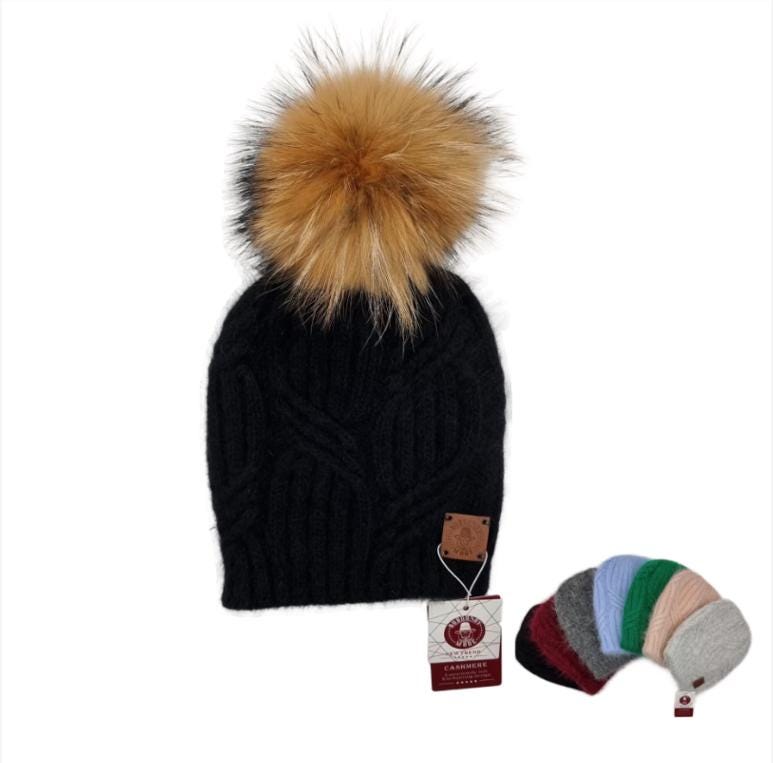 Black Cashmere fox fur pom pom hat, Women's winter thick cashmere knit beanie hat, Gift for her