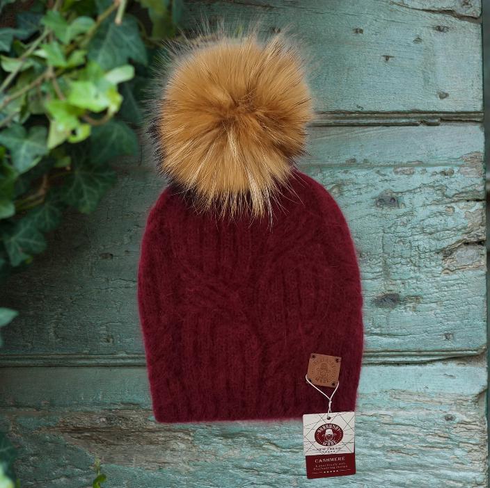 Cashmere Fox Fur Pom Pom Hat, Women Thick Cashmere Knit Beanie, Gift For Her