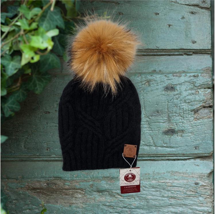 Cashmere fox fur pom pom hat, Women's winter thick cashmere knit beanie hat, Gift for her