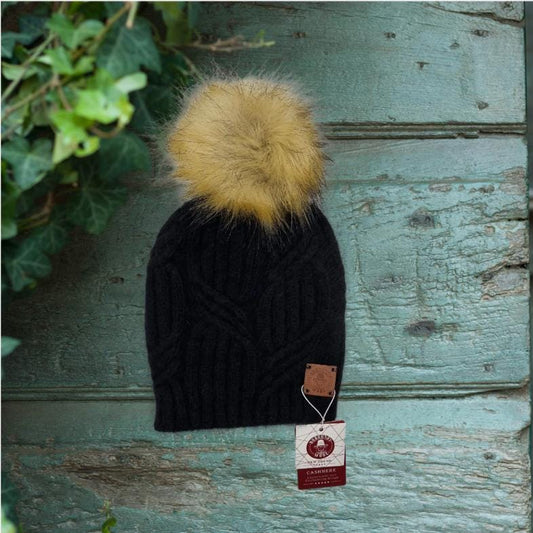 Bonnet à pompon en fausse fourrure de cachemire, bonnet d'hiver en tricot de cachemire épais pour femme, cadeau pour elle