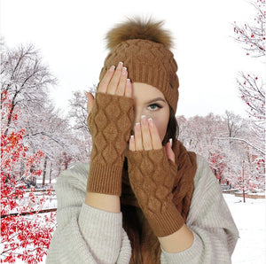 Ensemble en cachemire pour femme : bonnet à pompon en fourrure de renard, gants, écharpe, ensemble en tricot, ensemble d'hiver en cachemire pour femme, douillet et doux. Cadeau pour elle.