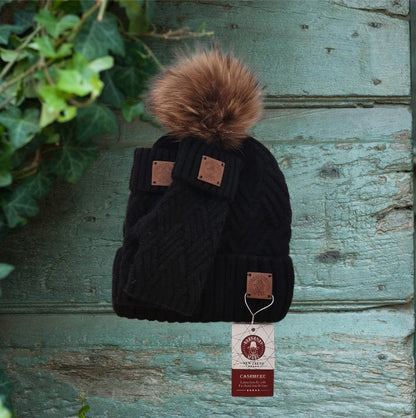 Cashmere hat and fingerless gloves set, Fox fur pom pom cashmere beanie hat, Warm and soft winter cashmere set for womens.   Gift for her