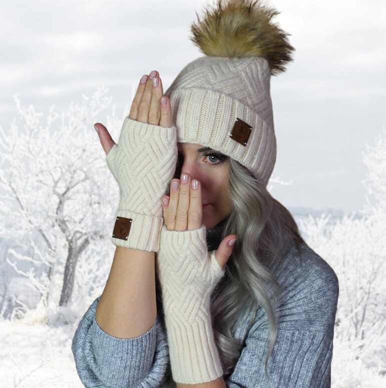 Beige Cashmere hat and fingerless gloves set, Faux fur pom pom cashmere beanie hat, Warm and soft winter cashmere set for womens.   Gift for her