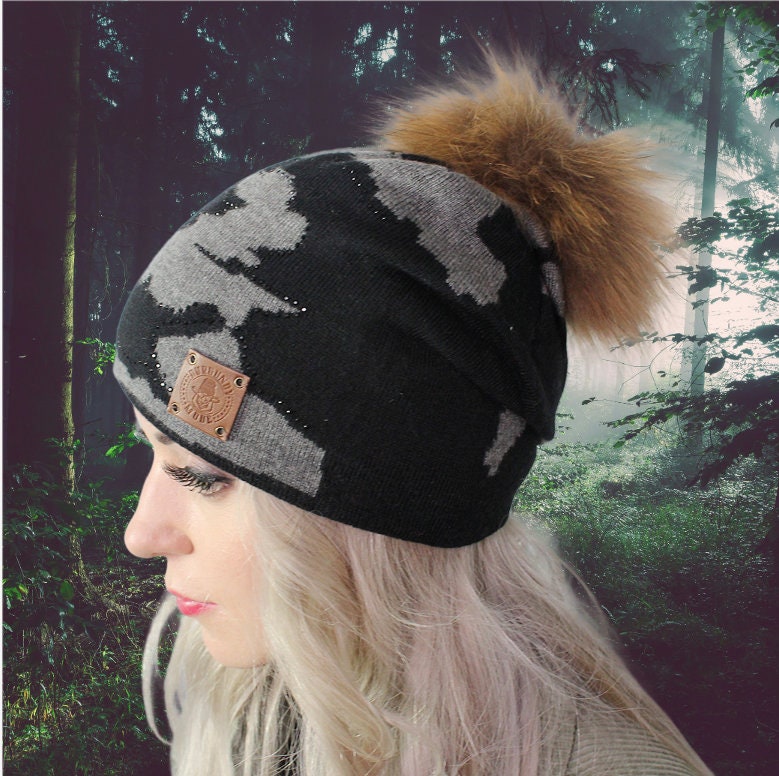 Set aus Cashmere Camouflage Fuchsfell Mütze und fingerlosen Fäustlingen, Damen Wintermütze Beanie, Cashmere fingerlos, Geschenk für Sie