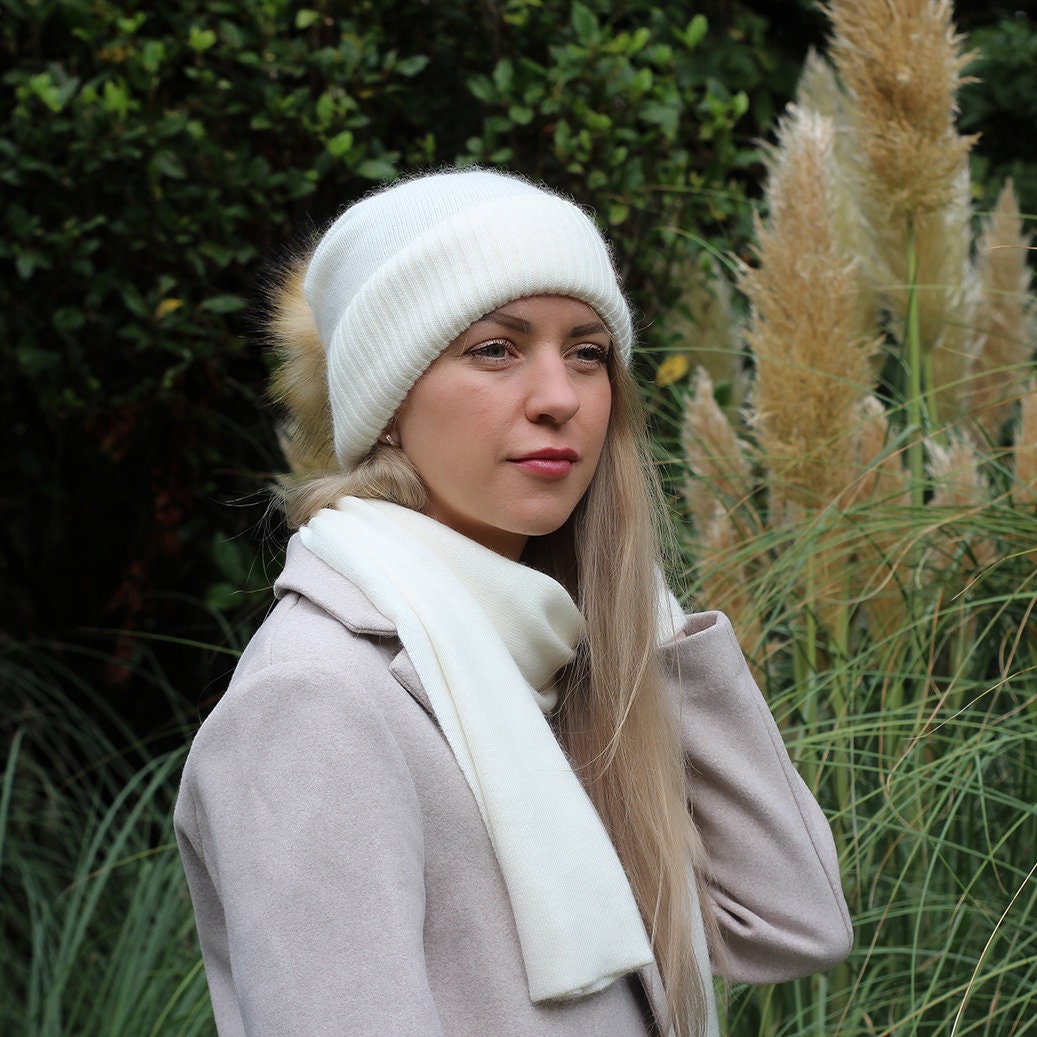 Kaschmir-Set für Damen: Mütze, Handschuhe, Schal, Cashmere Fox Fu Pom Pom Beanie, Warmes und weiches Winter-Kaschmir-Set für Damen, Geschenk für Sie