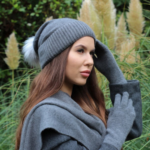 Women Cashmere Set: Hat, Gloves, Scarf, Cashmere Faux fu pom pom beanie, Warm and soft women winter cashmere set, Gift for her