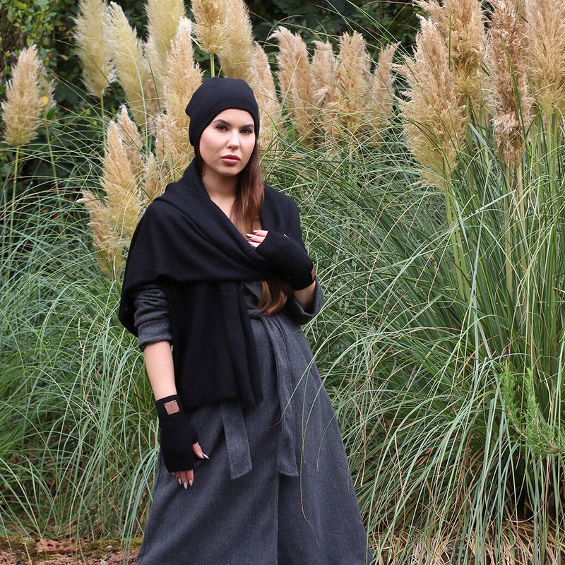 Ensemble en cachemire : bonnet à pompon en fourrure de renard, gants, écharpe, bonnet ample en cachemire, ensemble d'hiver en cachemire pour femme, chaud et doux. Cadeau pour elle