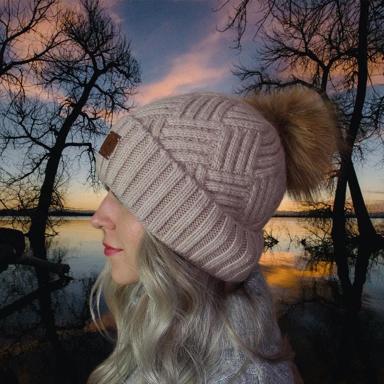 Blush Warm Cashmere Women's Beanie with Fox Fur Pom Pom – Soft Winter Hat, Perfect Gift for Her