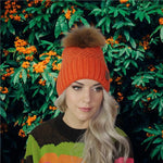 Orange Warm Cashmere Women's Beanie with Fox Fur Pom Pom – Soft Winter Hat, Perfect Gift for Her