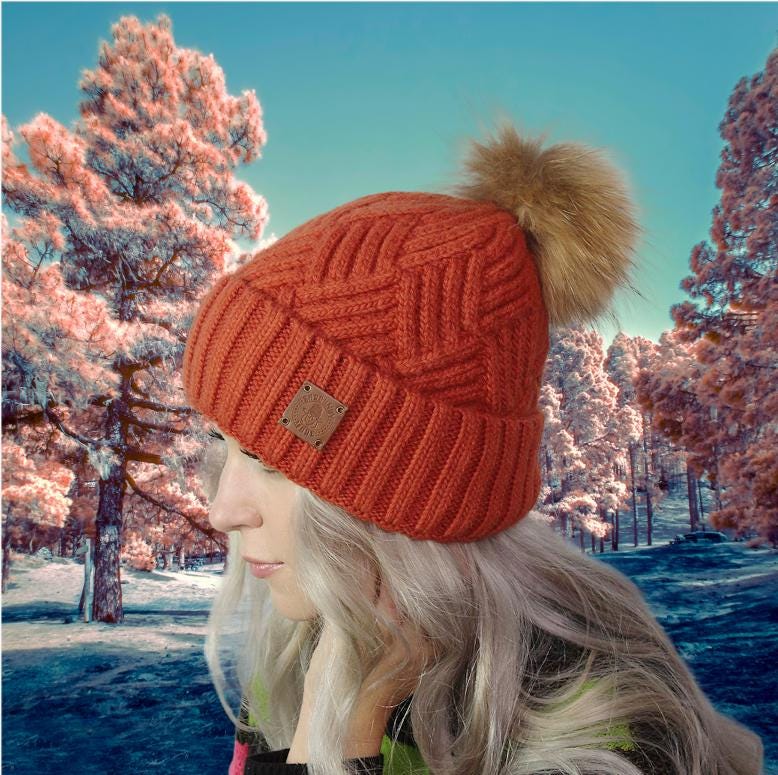 Orange Warm Cashmere Women's Beanie with Fox Fur Pom Pom – Soft Winter Hat, Perfect Gift for Her