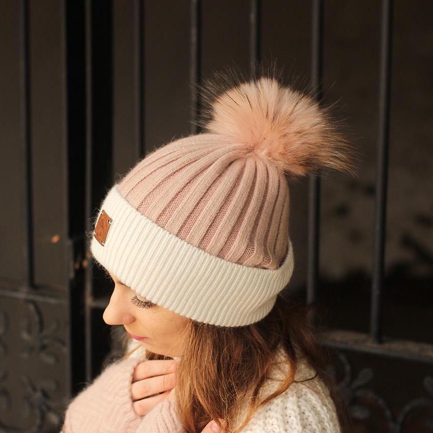 Kaschmir Echtfell Beanie mit abnehmbarer Bommel, Gestrickte Kaschmirmütze, Gemütliche und superweiche Wintermütze für Damen