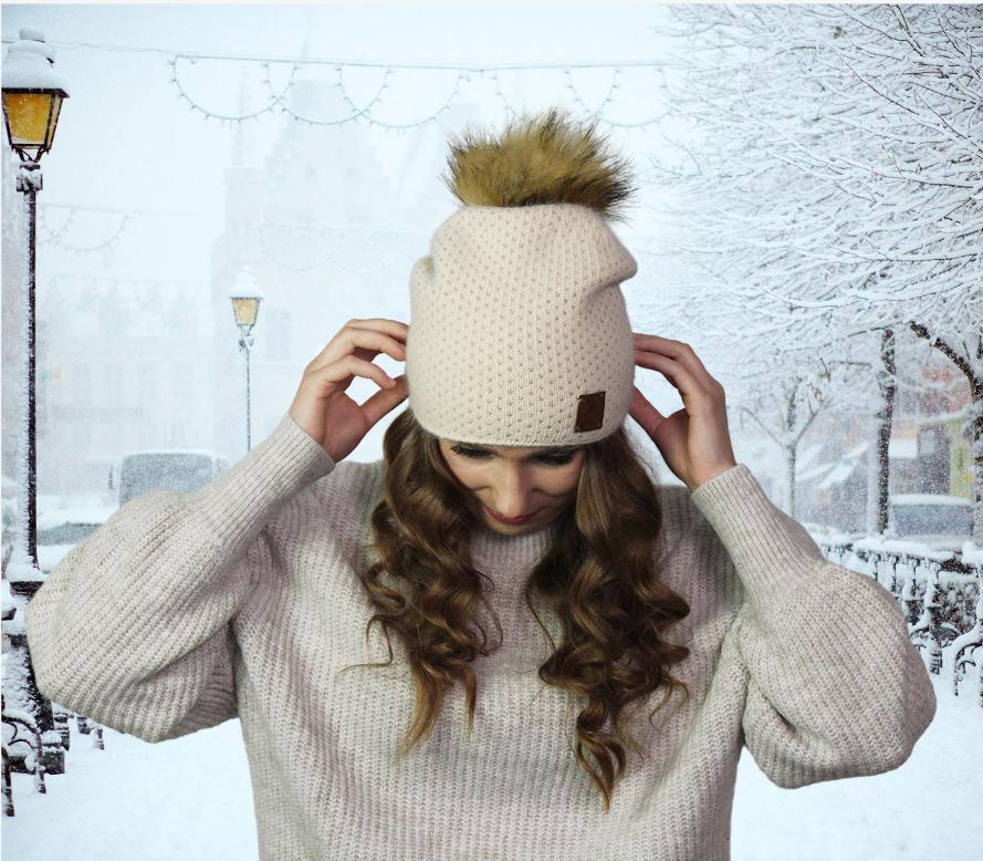 Beige Women's Cashmere Beanie with Faux Fur Pom Pom | Cozy, Soft Knit Winter Hat | Perfect Gift for her