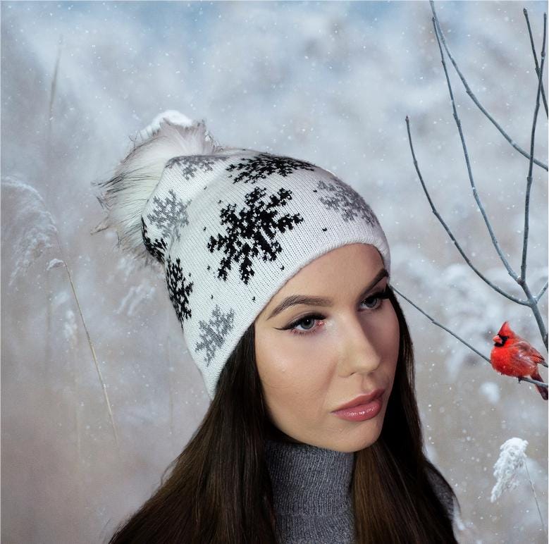 Women winter faux fur pom pom cashmere hat, Double layer snowflake design warm beanie, Gift for her