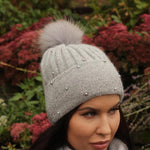 Women's  winter cashmere pom pom hat, Double layer bead embodered cashmere beanie, Gift for her