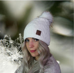 Damen Winter Kaschmir Slouchy Kunstfell Pom Pom Mütze, Kaschmir doppellagige warme Beanie, Geschenk für Sie