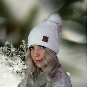 White Women's winter cashmere slouchy faux fur pom pom hat, Cashmere double layer warm beanie,  Gift for her