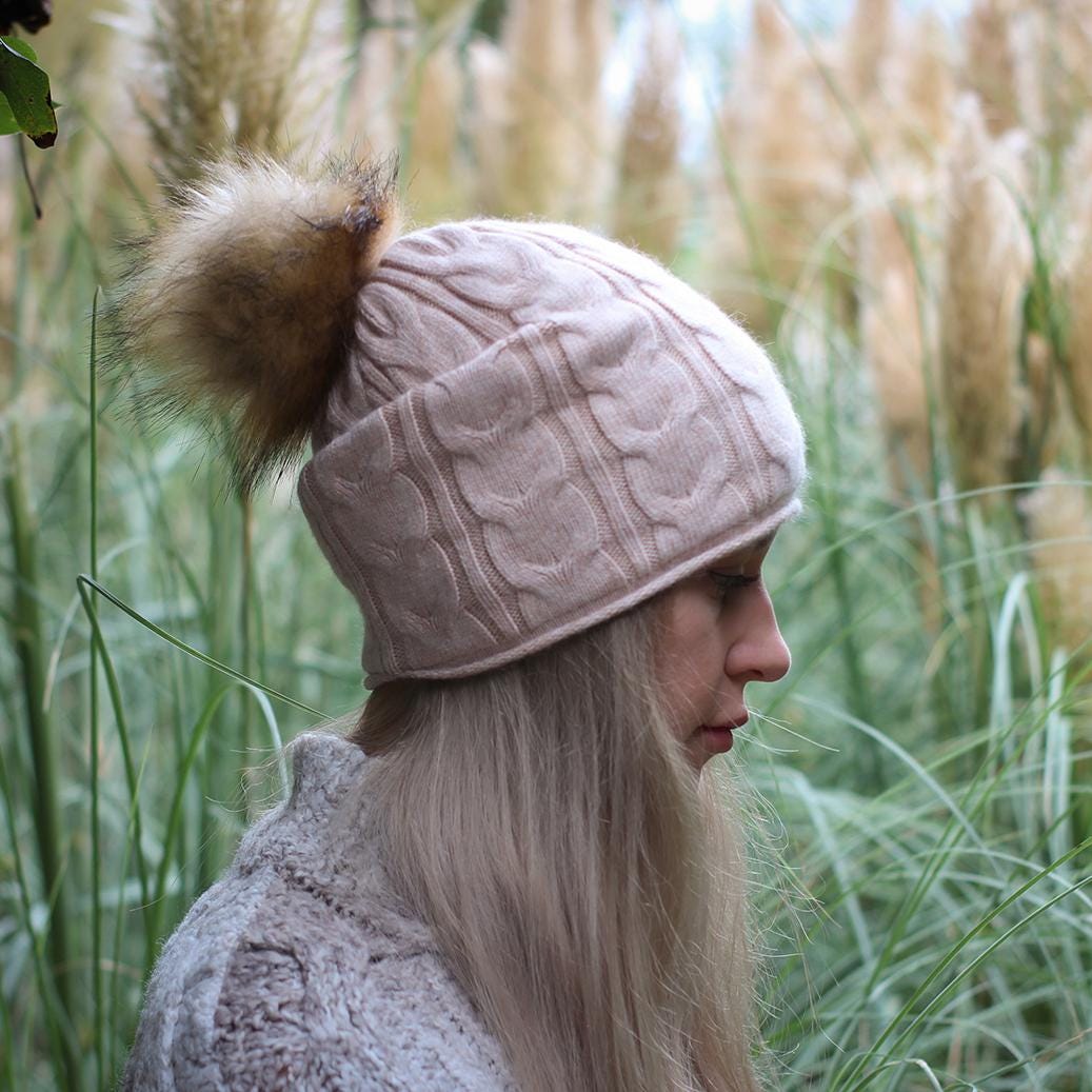 Women's Cashmere Slouchy Winter Hat with Faux Fur Pom Pom – Soft Double Layer Beanie, Warm Knit Gift for Her