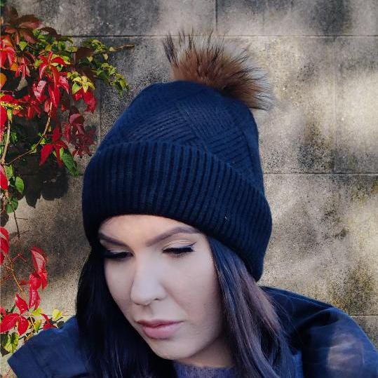 Cashmere fox fur pom pom women's winter hat, Solid colour cashmere beanie, Gift for her.