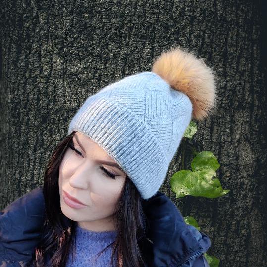 Grey Cashmere fox fur pom pom women's winter hat, Solid colour cashmere beanie, Gift for her.