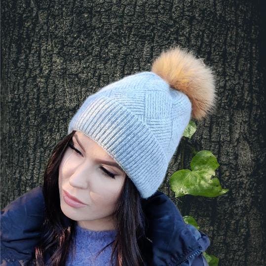 Cashmere fox fur pom pom women's winter hat, Solid colour cashmere beanie, Gift for her.