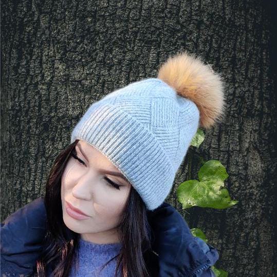 Cashmere fox fur pom pom women's winter hat, Solid colour cashmere beanie, Gift for her.