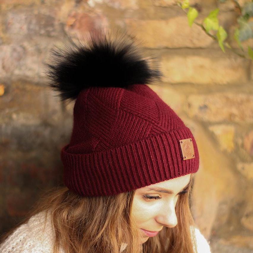 Burgundy Cashmere fox fur pom pom women's winter hat, Solid colour cashmere beanie, Gift for her.