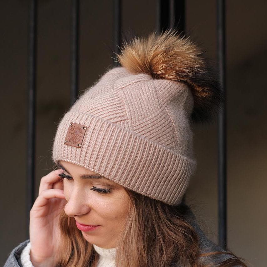 pink Cashmere fox fur pom pom women's winter hat, Solid colour cashmere beanie, Gift for her.