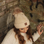 beige Cashmere faux fur pom pom women's winter hat, Solid colour cashmere beanie, Gift for her.