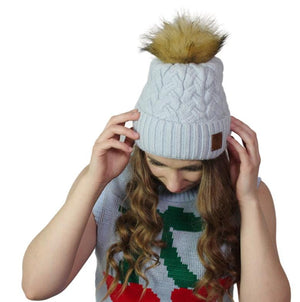 Bonnet pompon en fausse fourrure cachemire pour femme, Bonnet d'hiver chaud en cachemire tricoté pour femme, Cadeau pour elle