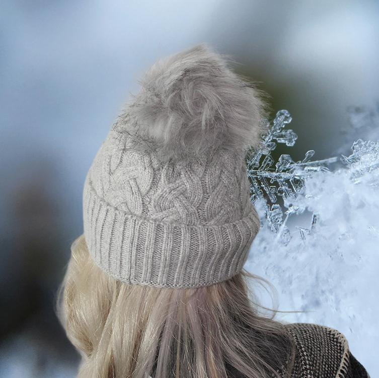 Bonnet pompon en fausse fourrure cachemire pour femme, Bonnet d'hiver chaud en cachemire tricoté pour femme, Cadeau pour elle