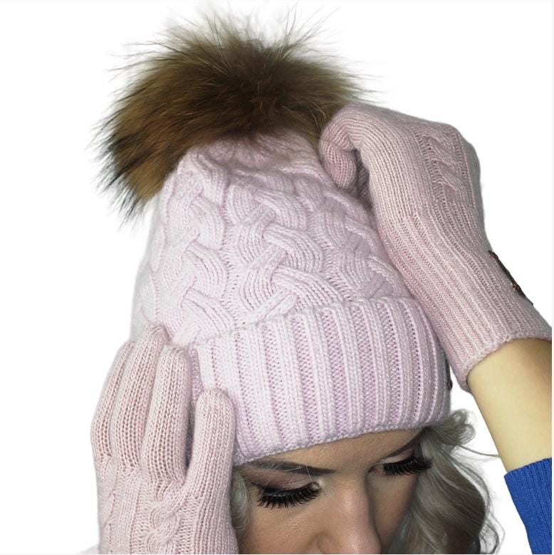 Damen Kaschmir Fuchsfell Pom Pom Mütze, Gestrickte warme Winter Kaschmirmütze für Damen, Geschenk für Sie