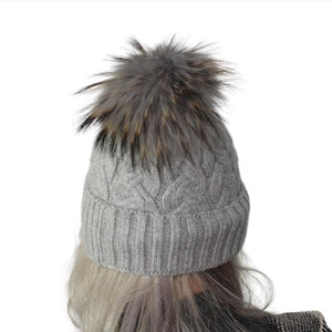 Bonnet tricoté en cachemire avec pompon en vraie fourrure, bonnet d'hiver en cachemire pour femme, cadeau pour elle