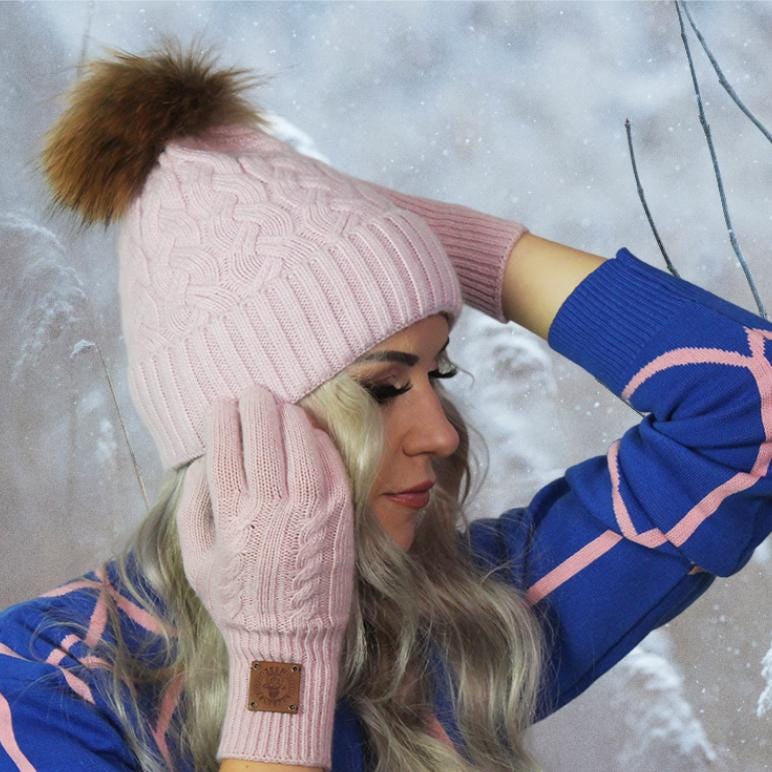 Bonnet tricoté en cachemire avec pompon en vraie fourrure, bonnet d'hiver en cachemire pour femme, cadeau pour elle