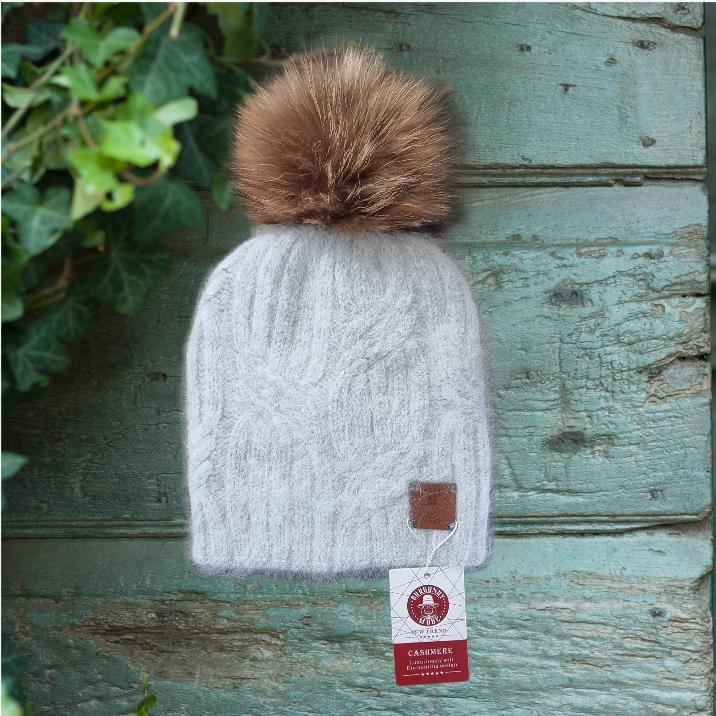 Cashmere fox fur pom pom hat, Women's winter thick cashmere knit beanie hat, Gift for her