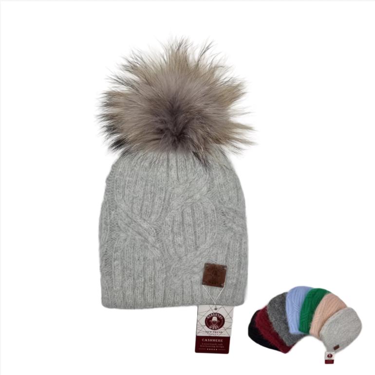 grey Cashmere Fox Fur Pom Pom Hat, Women Thick Cashmere Knit Beanie, Gift For Her