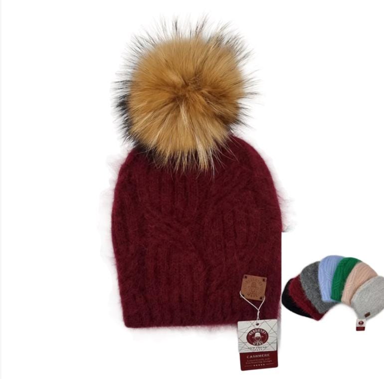 Burgundy Cashmere fox fur pom pom hat, Women's winter thick cashmere knit beanie hat, Gift for her