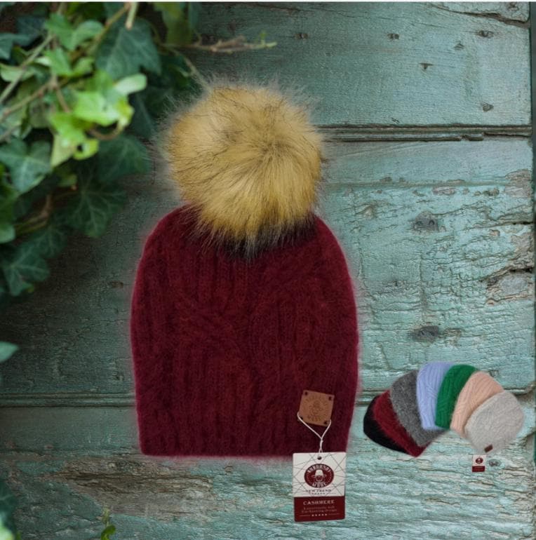 Burgundy Cashmere faux fur pom pom hat, Women's winter thick cashmere knit beanie hat, Gift for her