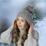 Grey Cozy Winter Wool Hat for Women with Fleece Lining & Pom Pom, Windproof warm women's beanie, Gift for her