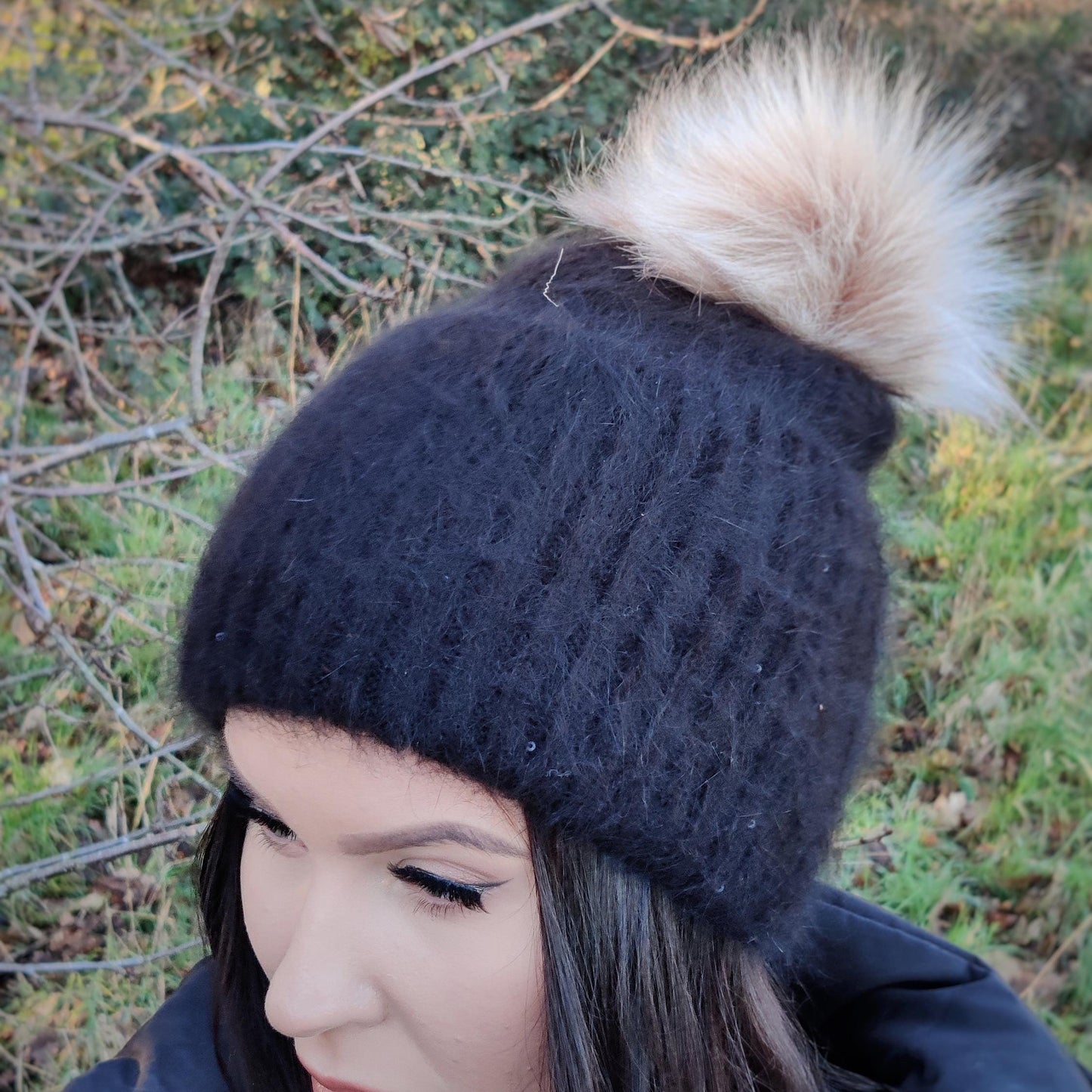 Women knit faux pom pom beanie, triple layered,cotton inner hat