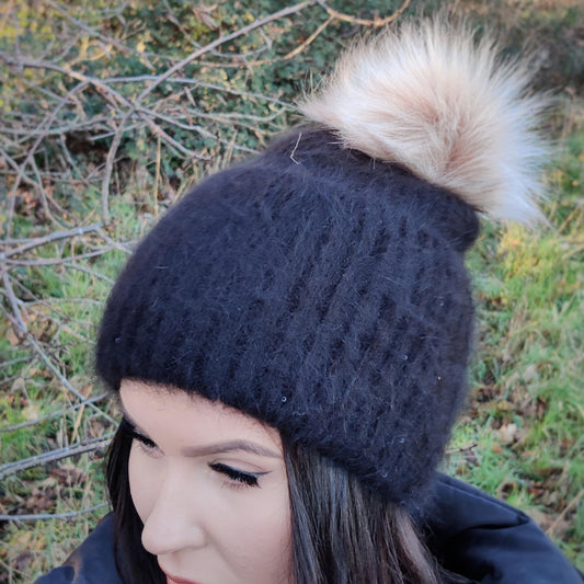 Bonnet en tricot à pompon synthétique pour femme, triple épaisseur, bonnet intérieur en coton, bonnet en laine angora, bonnet épais, bonnet coupe-vent super doux et confortable