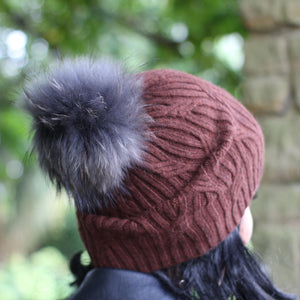 Women's winter cashmere slouchy hat, Brown cashmere fox fur beanie, Gift for her