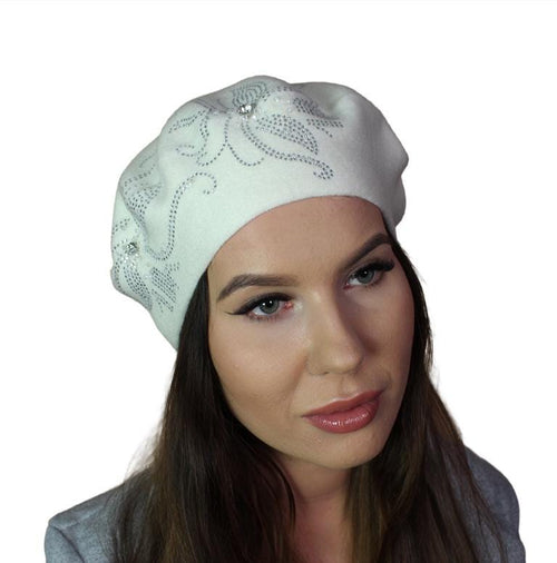 White Women's cashmere beret, Women's winter hat, French cashmere beret, Crystal embroidered beret, Gift for her