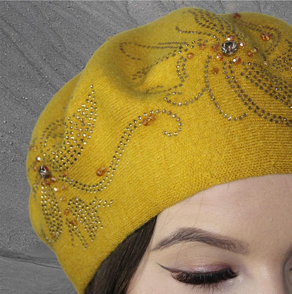 Women's cashmere beret, Women's winter hat, French cashmere beret, Crystal embroidered beret, Gift for her