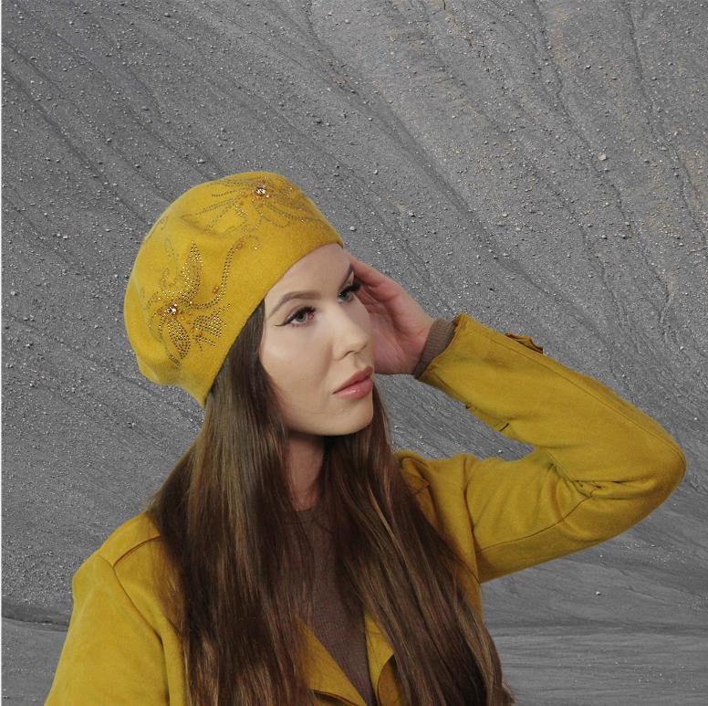 Yellow Women's cashmere beret, Women's winter hat, French cashmere beret, Crystal embroidered beret, Gift for her