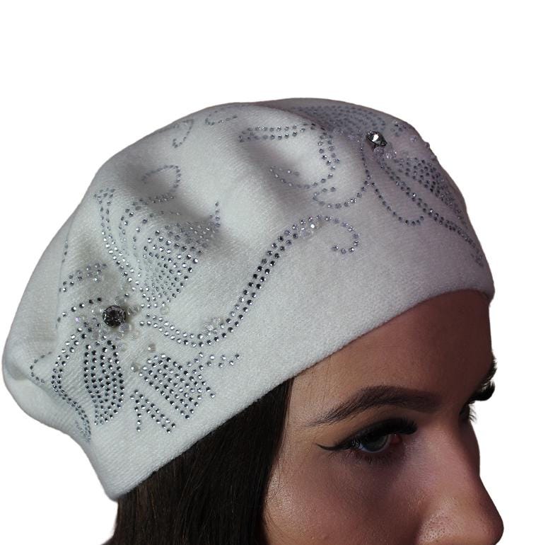 Béret en cachemire pour femme, Chapeau d'hiver pour femme, Béret en cachemire français, Béret brodé en cristal, Cadeau pour elle