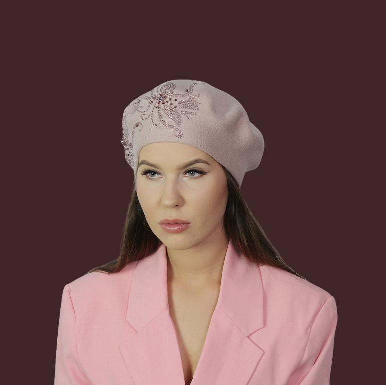 Béret en cachemire pour femme, Chapeau d'hiver pour femme, Béret en cachemire français, Béret brodé en cristal, Cadeau pour elle