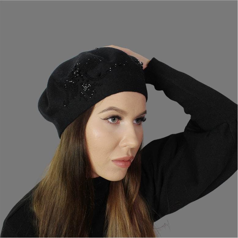 Black Women's cashmere beret, Women's winter hat, French cashmere beret, Crystal embroidered beret, Gift for her